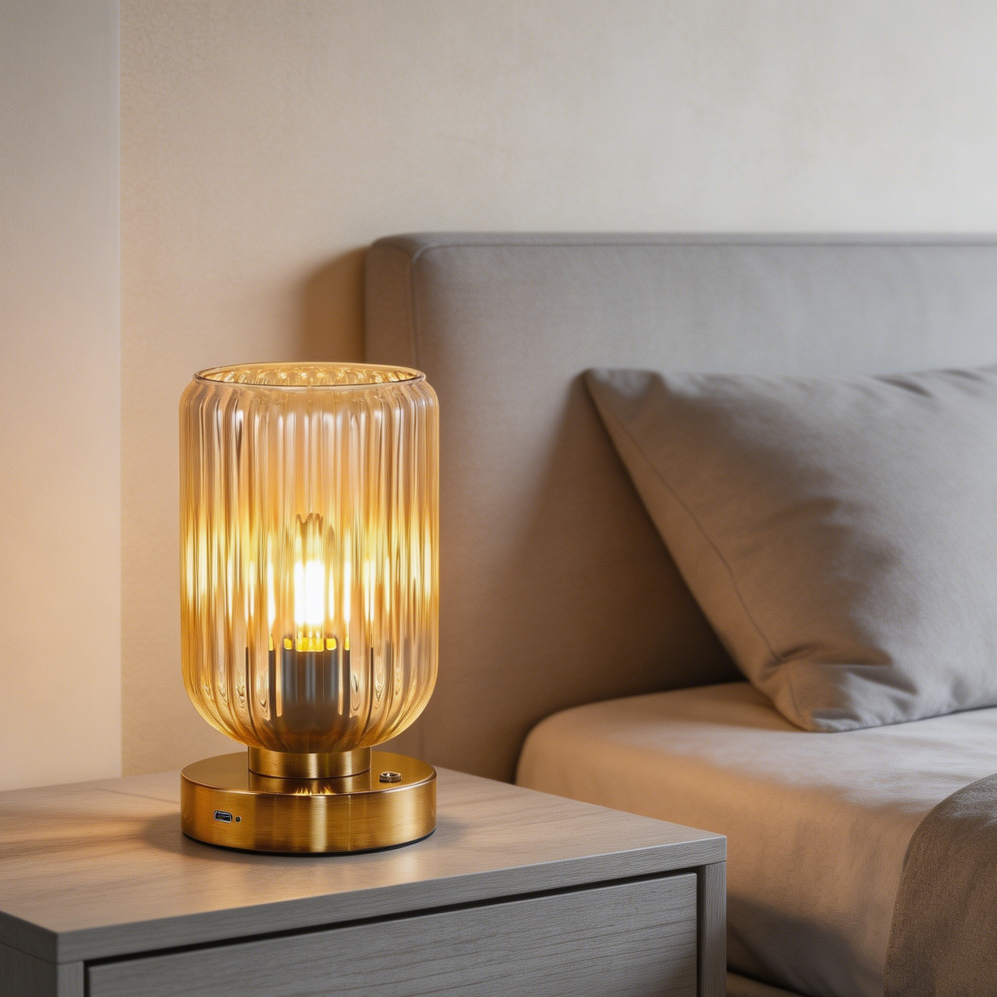 Cordless Amber Glass Touch Dimmable Table Lamp